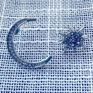 Lunar Asymmetric Moon and Star Rhinestone Earrings Silvertone🆕